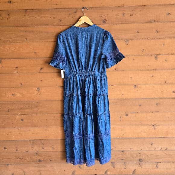 Gap x LoveShackFancy Dress Denim Tiered Midi Prairie Western NWT Small Boho - Picture 3 of 4